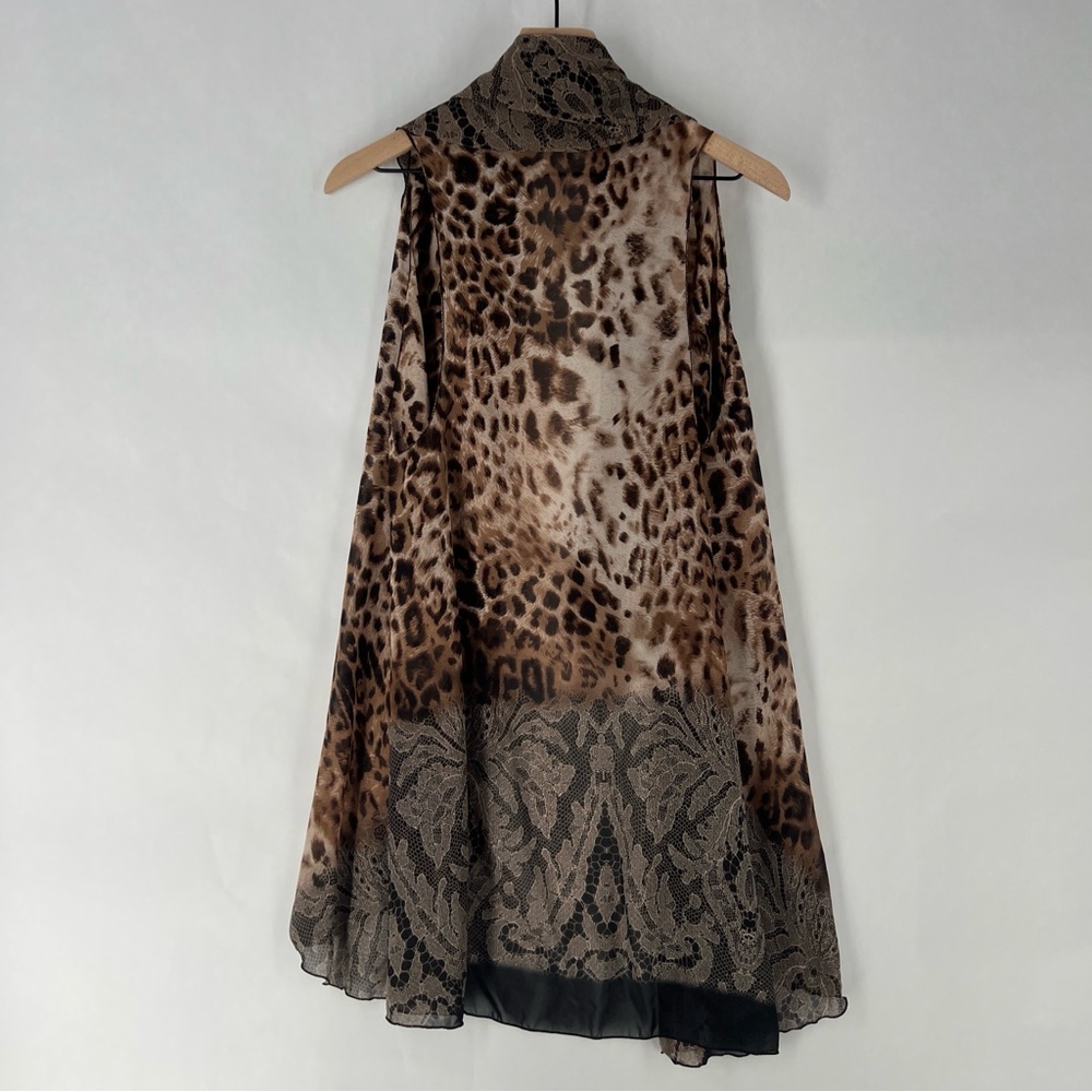 Sheer Chiffon Leopard Print Sleeveless Draped Open Front Topper Layering Piece - Picture 8 of 13